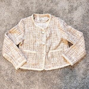 Women's Off White Neutrals Tweed Metallic Multicolored Collarless Blazer Jacket